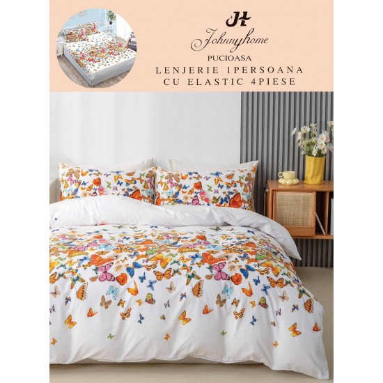 Lenjerie Bumbac Finet Superior, 4 Piese, Pat 1 Persoana, cearsaf cu ELASTIC, Alb-Multicolor, fluturi, OTM-025 Oferta Trio Mix 199