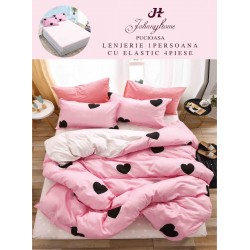 Lenjerie Bumbac Finet Superior, 4 Piese, Pat 1 Persoana, cearsaf cu ELASTIC, Roz-Negru, inimi, OTM-026