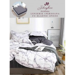 Lenjerie Bumbac Finet Superior, 4 Piese, Pat 1 Persoana, cearsaf cu ELASTIC, Alb-Gri, OTM-030