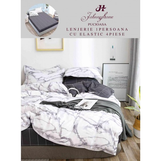 Lenjerie Bumbac Finet Superior, 4 Piese, Pat 1 Persoana, cearsaf cu ELASTIC, Alb-Gri, OTM-030 Oferta Trio Mix 199