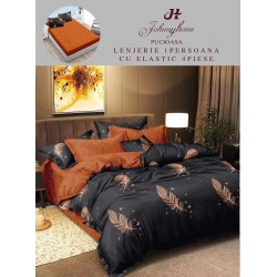 Lenjerie Bumbac Finet Superior, 4 Piese, Pat 1 Persoana, cearsaf cu ELASTIC, Negru-Portocaliu, pene, OTM-034