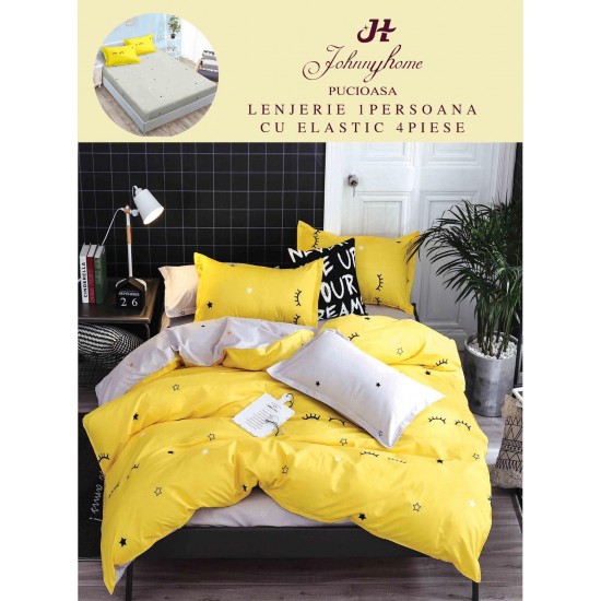 Lenjerie Bumbac Finet Superior, 4 Piese, Pat 1 Persoana, cearsaf cu ELASTIC, Galben-Gri, gene, OTM-035 Oferta Trio Mix 199