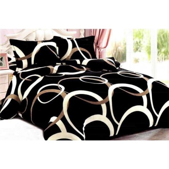 Set Lenjerie Pufoasa Cocolino cu Elastic, 4 Piese, Pat 2 Persoane, Negru-Crem, cercuri, LEC-083 Lenjerii Cocolino 4 piese cu ELASTIC