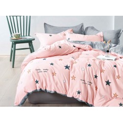 Lenjerie pat dublu, 4 piese, Bumbac Satinat Superior, Roz, stele, LDBS-033