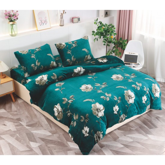 Set Lenjerie Pufoasa Cocolino cu Elastic, 4 Piese, Pat 2 Persoane, Verde-Alb, flori, LEC-056 Lenjerii Cocolino 4 piese cu ELASTIC