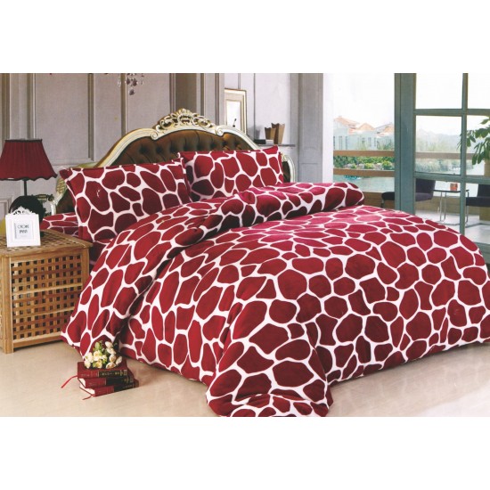 Set Lenjerie Pufoasa Cocolino cu Elastic, 4 Piese, Pat 2 Persoane, Rosu-Alb, animal print, LEC-058 Lenjerii Cocolino 4 piese cu ELASTIC