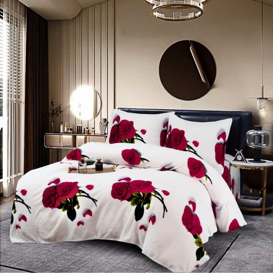 Set Pilota Pufoasa Cocolino, 3 Piese, 200x230 cm, Alb-Rosu, flori, PDC-052 Pilote Iarna cu Blana