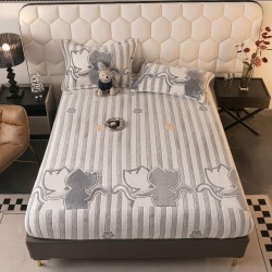 Cearsaf cu elastic COCOLINO, 180x200x25cm, plus 2 fete de perne, Gri-Alb, pisici, HC-050