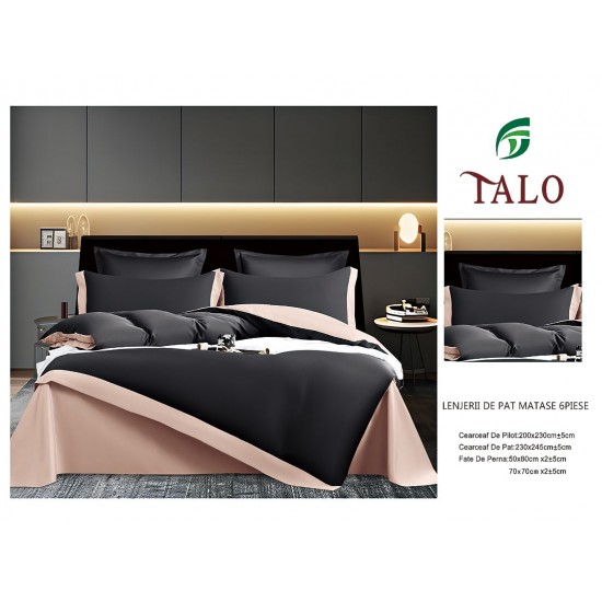 Lenjerie de pat din Matase, 6 Piese, Pat 2 Persoane, Negru, LMS-003 Lenjerii Matase