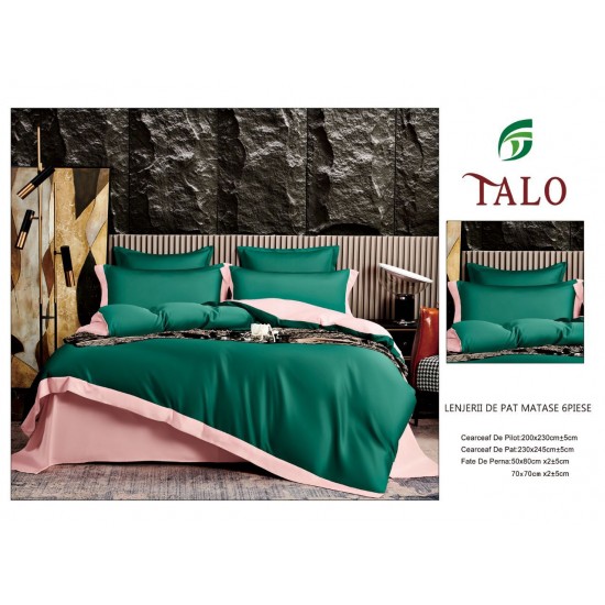 Lenjerie de pat din Matase, 6 Piese, Pat 2 Persoane, Verde, LMS-004 Lenjerii Matase