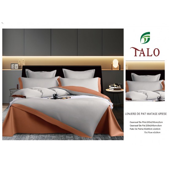 Lenjerie de pat din Matase, 6 Piese, Pat 2 Persoane, Gri, LMS-005 Lenjerii Matase