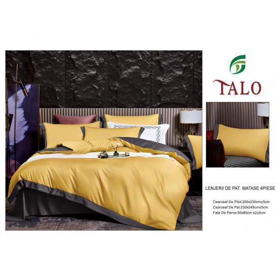 Lenjerie de pat din Matase, 6 Piese, Pat 2 Persoane, Galben, LMS-006 Lenjerii Matase