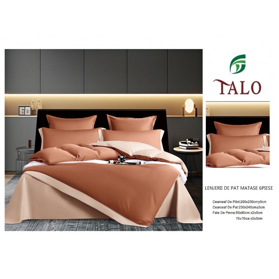 Lenjerie de pat din Matase, 6 Piese, Pat 2 Persoane, Maro-Bej, LMS-009 Lenjerii Matase