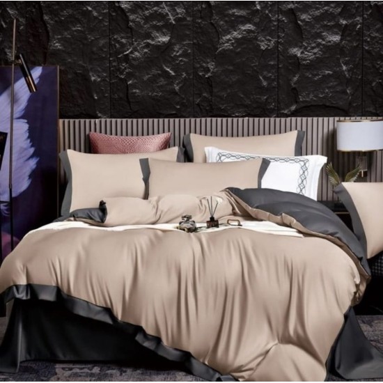 Lenjerie de pat din Matase, 6 Piese, Pat 2 Persoane, Bej-Negru, LMS-011 Lenjerii Matase