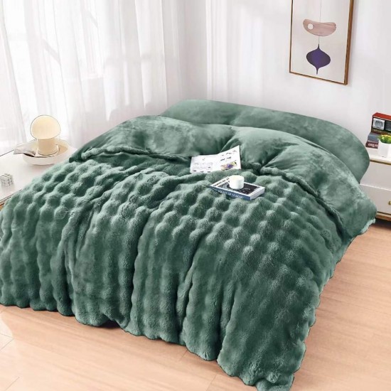Lenjerie pat dublu, Super Pufoasa, din Blanita artificiala de Iepure, 4 piese, Verde smarald, LCE-064 Lenjerii Blanita Iepure