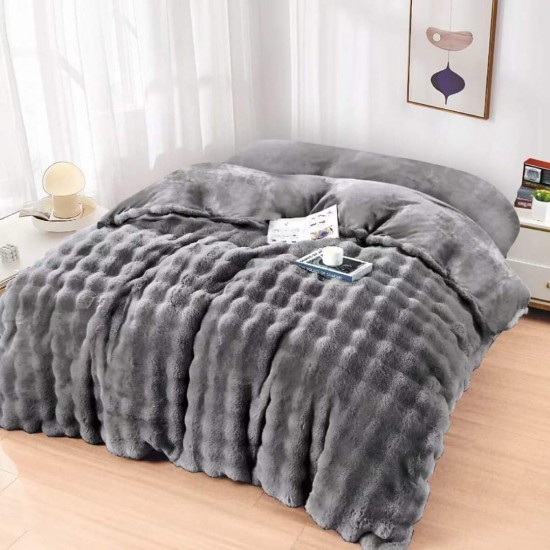 Lenjerie pat dublu, Super Pufoasa, din Blanita artificiala de Iepure, 4 piese, Gri inchis, LCE-059 Lenjerii Blanita Iepure