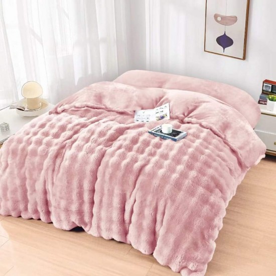Lenjerie pat dublu, Super Pufoasa, din Blanita artificiala de Iepure, 4 piese, Roz, LCE-058 Lenjerii Blanita Iepure