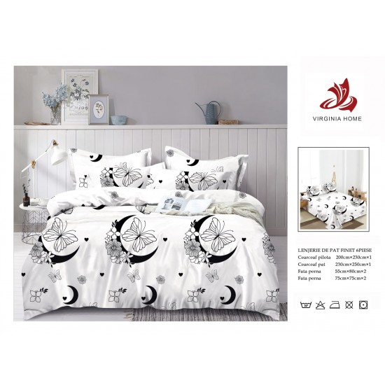 Set Lenjerie de Pat din Finet cu 2 Fete, 6 Piese, Pat 2 Persoane, Alb-Negru, luna, OLD-013 Oferta duo bumbac-finet