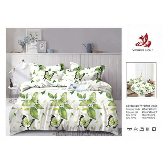 Set Lenjerie de Pat din Finet cu 2 Fete, 6 Piese, Pat 2 Persoane, Alb-Verde, fluturi, OLD-007 Oferta duo bumbac-finet