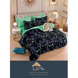 Lenjerie de Pat din Finet, 4 Piese, Pat 1 Persoana, Negru, pisica, LFS-069