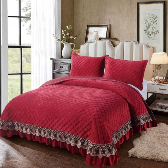 Set Cuvertura de Pat din Catifea cu Broderie Aurie, 235x255cm, Bordo, CCB-050 Cuverturi Catifea Lux cu Volane