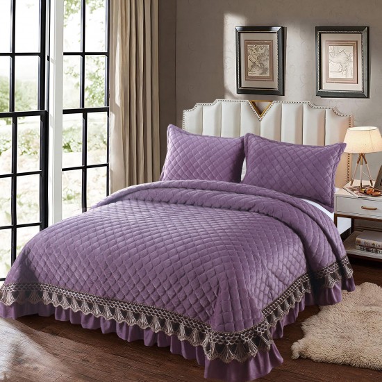 Set Cuvertura de Pat din Catifea cu Broderie Aurie, 235x255cm, Mov, CCB-052 Cuverturi Catifea Lux cu Volane