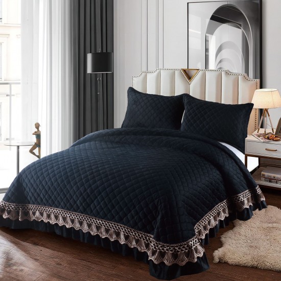 Set Cuvertura de Pat din Catifea cu Broderie Aurie, 235x255cm, Negru, CCB-055 Cuverturi Catifea Lux cu Volane