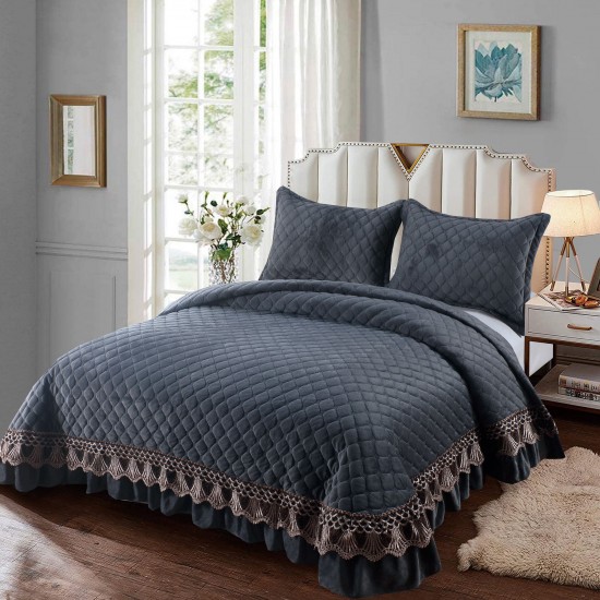 Set Cuvertura de Pat din Catifea cu Broderie Aurie, 235x255cm, Gri inchis, CCB-057 Cuverturi Catifea Lux cu Volane