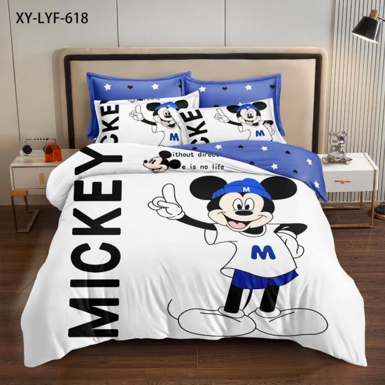 Lenjerie pat dublu, 6 piese, bumbac-finet, Alb-Blue, Mickey, LCC-001 Lenjerii Pentru Copii cu Desene Animate - Finet 6 piese