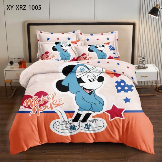 Lenjerie pat dublu, 6 piese, bumbac-finet, Roz-Multicolor, Mickey Mouse, LCC-002 Lenjerii Pentru Copii cu Desene Animate - Finet 6 piese
