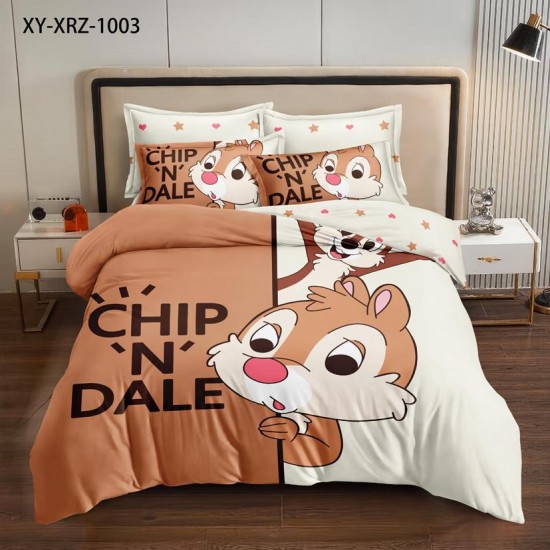 Lenjerie pat dublu, 6 piese, bumbac-finet, Maro-Alb, Chip and Dale, LCC-005 Lenjerii Pentru Copii cu Desene Animate - Finet 6 piese