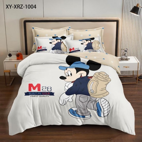 Lenjerie pat dublu, 6 piese, bumbac-finet, Crem-Multicolor, Mickey, LCC-007 Lenjerii Pentru Copii cu Desene Animate - Finet 6 piese
