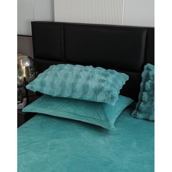 Lenjerie de pat, DeLuxe, cocolino tip blăniță iepure, 2 persoane, 6 piese, Verde, LCE-029 Lenjerii Blanita Iepure