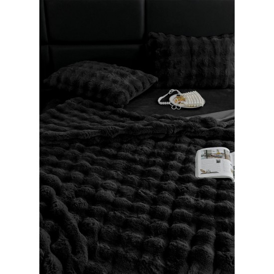 Lenjerie de pat, DeLuxe, cocolino tip blăniță iepure, 2 persoane, 6 piese, Negru, LCE-027 Lenjerii Blanita Iepure
