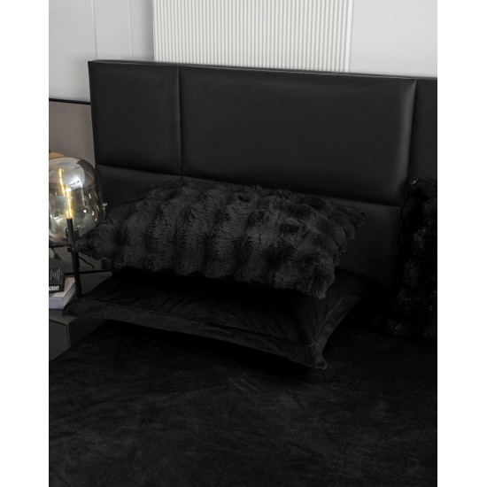 Lenjerie de pat, DeLuxe, cocolino tip blăniță iepure, 2 persoane, 6 piese, Negru, LCE-027 Lenjerii Blanita Iepure