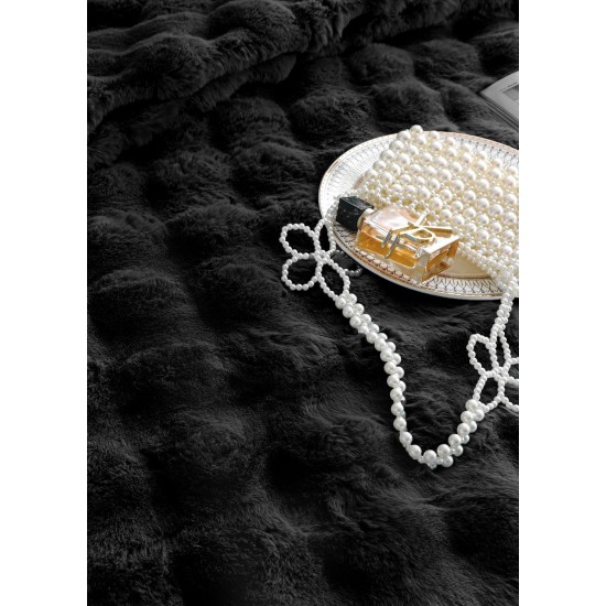 Lenjerie de pat, DeLuxe, cocolino tip blăniță iepure, 2 persoane, 6 piese, Negru, LCE-027 Lenjerii Blanita Iepure