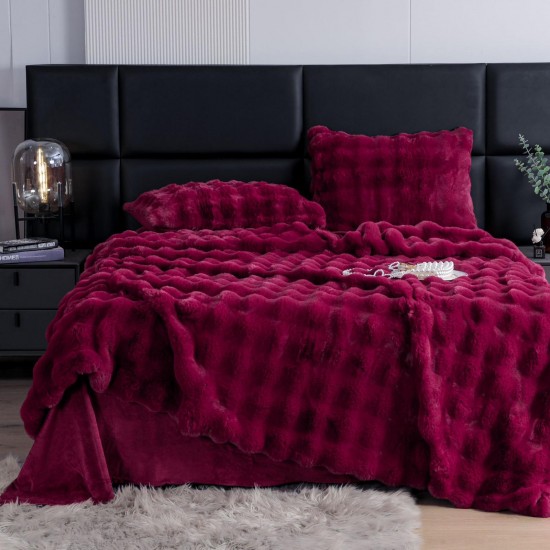 Lenjerie de pat, DeLuxe, cocolino tip blăniță iepure, 2 persoane, 6 piese, Bordo, LCE-074 Lenjerii Blanita Iepure