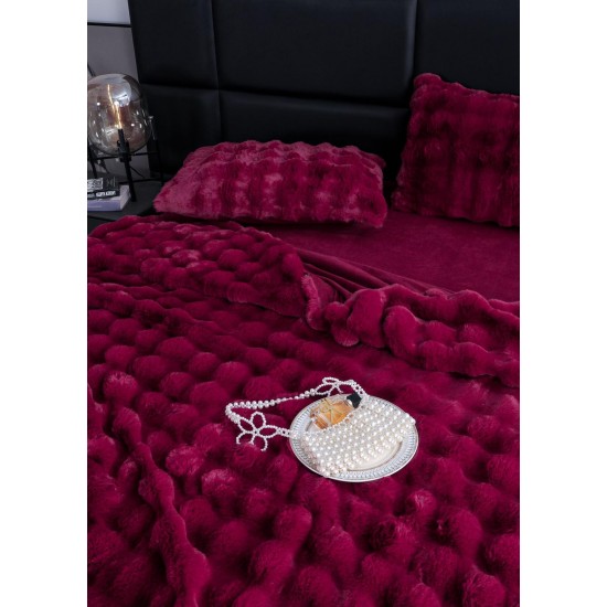 Lenjerie de pat, DeLuxe, cocolino tip blăniță iepure, 2 persoane, 6 piese, Bordo, LCE-074 Lenjerii Blanita Iepure