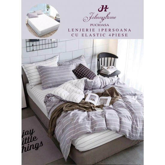 Lenjerie Bumbac Finet Superior, 4 Piese, Pat 1 Persoana, cearsaf cu ELASTIC, Gri-Alb, linii, OTM-037 Oferta Trio Mix 199