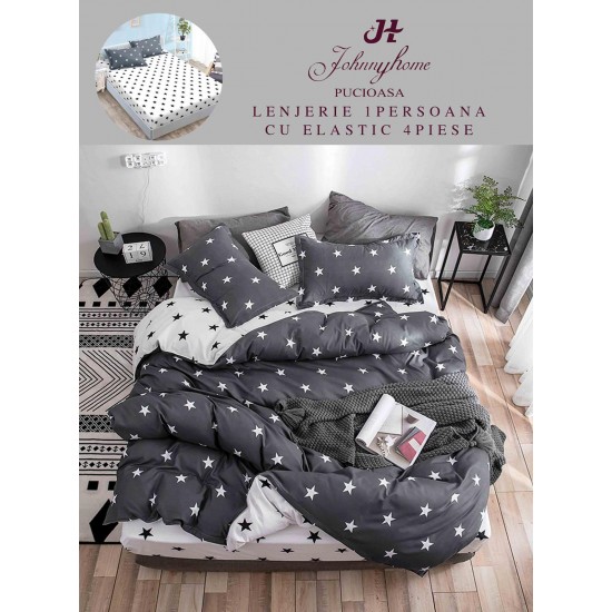 Lenjerie Bumbac Finet Superior, 4 Piese, Pat 1 Persoana, cearsaf cu ELASTIC, Gri-Alb, stele, OTM-048 Oferta Trio Mix 199
