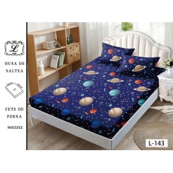 Husa pat cu elastic, Bumbac FINET, 180x200cm, 2 fete de perne 50x70cm, Albastru-Multicolor, comete, OHT-084