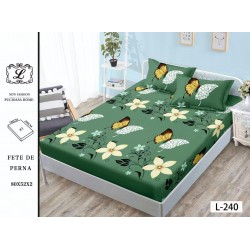 Husa pat cu elastic, Bumbac FINET, 180x200cm, 2 fete de perne 50x70cm, Verde-Galben, flori, OHT-081