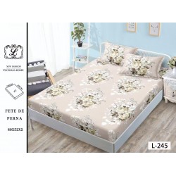 Husa pat cu elastic, Bumbac FINET, 180x200cm, 2 fete de perne 50x70cm, Bej, flori, OHT-063