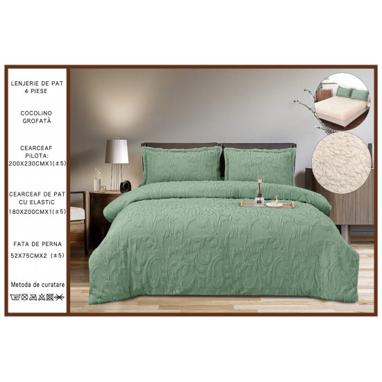 Set Lenjerie Pufoasa Cocolino Grofata cu Elastic, 4 Piese, Pat 2 Persoane, Verde, LEC-103 Lenjerii Cocolino 4 piese cu ELASTIC