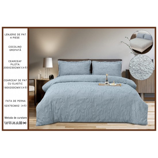 Set Lenjerie Pufoasa Cocolino Grofata cu Elastic, 4 Piese, Pat 2 Persoane, Blue, LEC-106 Lenjerii Cocolino 4 piese cu ELASTIC