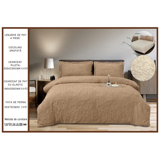 Set Lenjerie Pufoasa Cocolino Grofata cu Elastic, 4 Piese, Pat 2 Persoane, Maro, LEC-107 Lenjerii Cocolino 4 piese cu ELASTIC