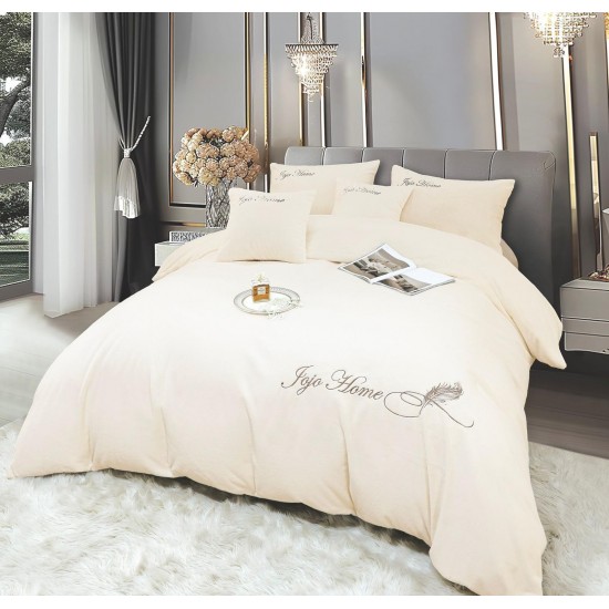 Lenjerie de pat, cu Broderie, Cocolino tip Blăniță Iepure, 2 Persoane, 6 Piese, cu ELASTIC, Crem, LCE-075 Lenjerii Blanita Iepure
