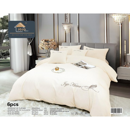Lenjerie de pat, cu Broderie, Cocolino tip Blăniță Iepure, 2 Persoane, 6 Piese, cu ELASTIC, Crem, LCE-075 Lenjerii Blanita Iepure