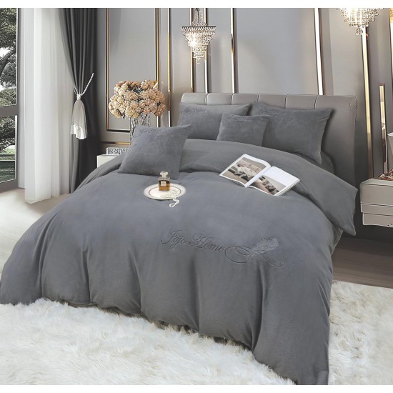 Lenjerie de pat, cu Broderie, Cocolino tip Blăniță Iepure, 2 Persoane, 6 Piese, cu ELASTIC, Gri inchis, LCE-076 Lenjerii Blanita Iepure