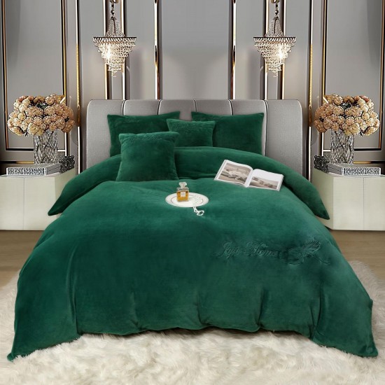 Lenjerie de pat, cu Broderie, Cocolino tip Blăniță Iepure, 2 Persoane, 6 Piese, cu ELASTIC, Verde smarald, LCE-077 Lenjerii Blanita Iepure